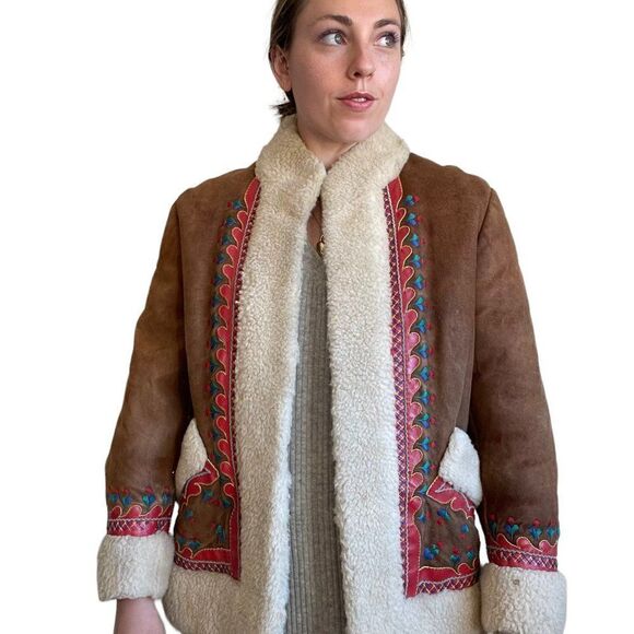 Vintage 70s Retro Shearling Handmade Folk Alfghan Polish Penny Lane Jacket Sz S - Picture 1 of 14